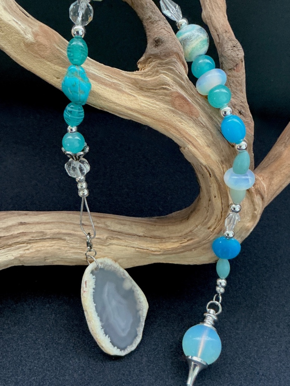 BushkaBlue OOAK Opalite Pendulum Amulet Necklace w Removable Agate Slice